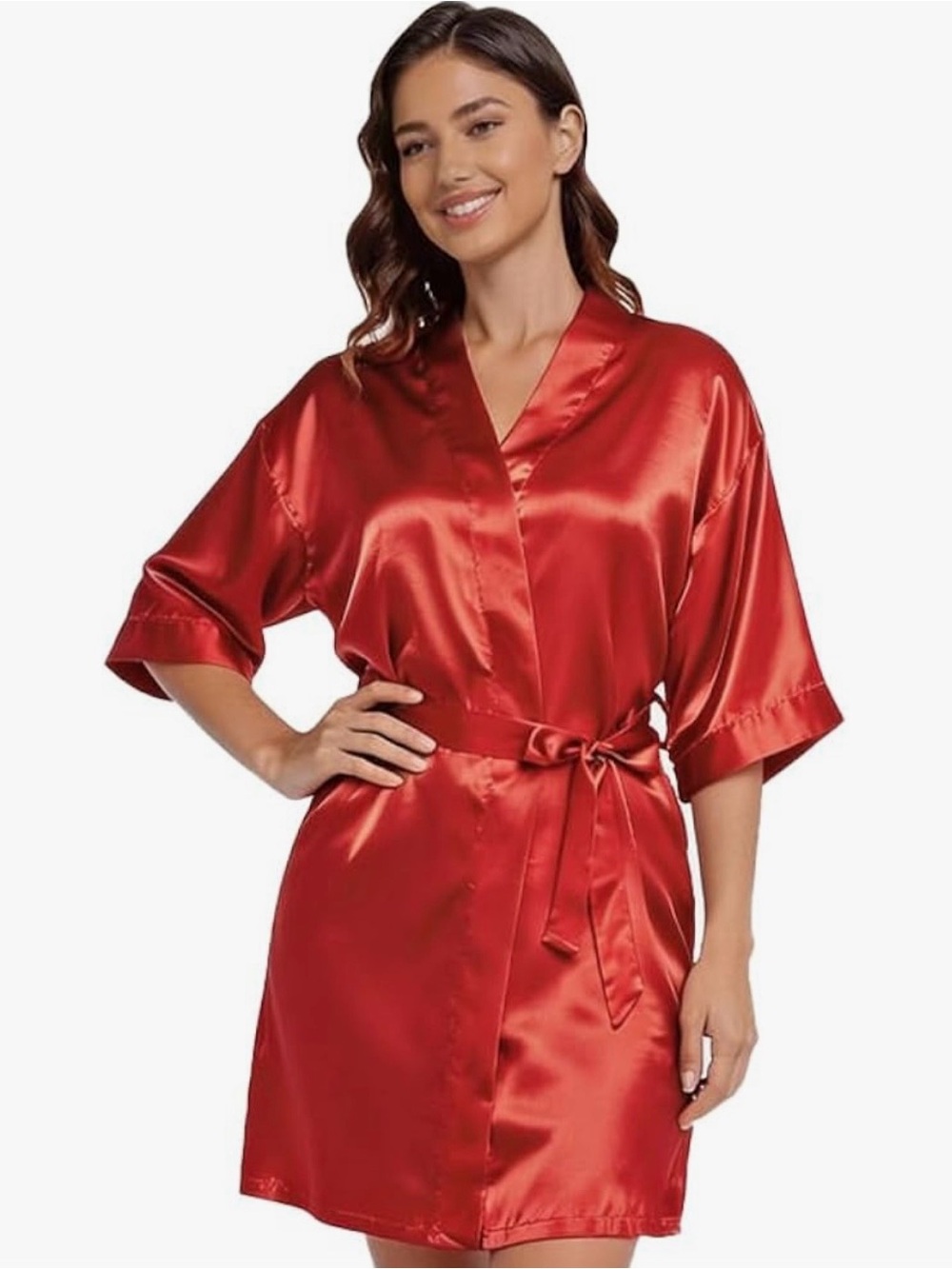 Red Satin Kimono Wrap Robe with Self-Tie Belt